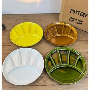 Pottery Fondue Plates Multi-Color Vintage 60s 70s Segmented Set of 4